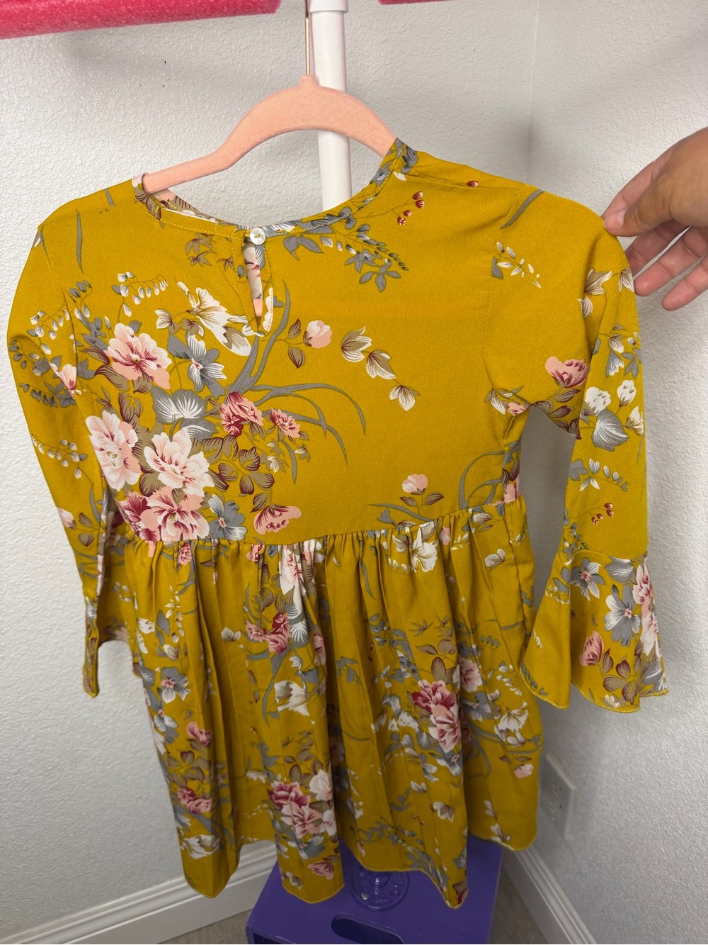 SHEIN Mustard Floral Long-Sleeve Girls Dress